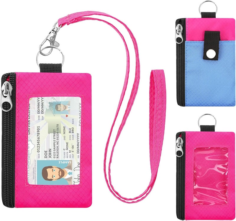 ZHOMA Minimalist RFID Blocking Wallet with Lanyard, Functional ID Case with 2 Zipper Pockets and Key Chain for Men and Women, Tactical Badge Pouch Cards Holder, Coin Purse for Travel Sports-Rose - Image 1